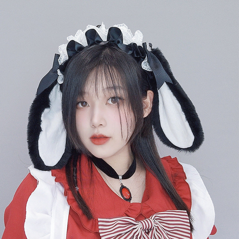 Cute Plush Lace Ribbon Lolita Headband Comic Con Cosplay Prop Realistic Rabbit Ear Hair Accessory Headband - Lolita Fetch