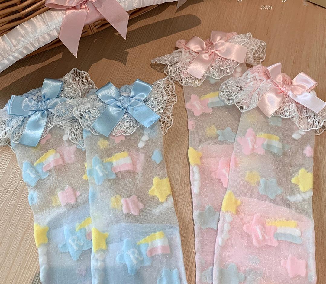 Roji Roji - Sweet Lolita Star Embroidered Socks - with Colorful Satin Bow Socks