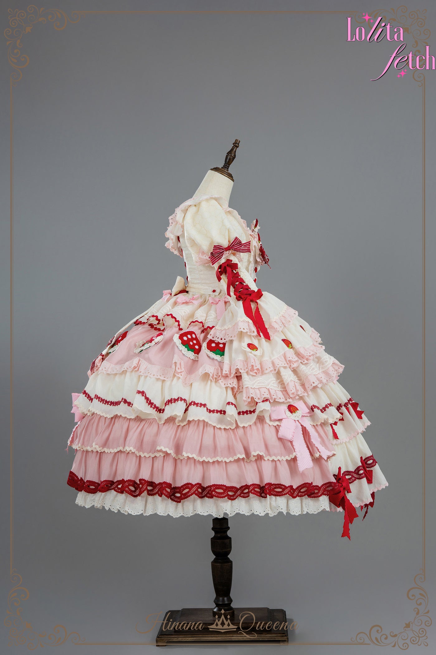 Gorgeous Strawberry Party Lolita Dress JSK OP by Lolita Fetch featuring a floral pattern, lace details, and a sweet, elegant design.