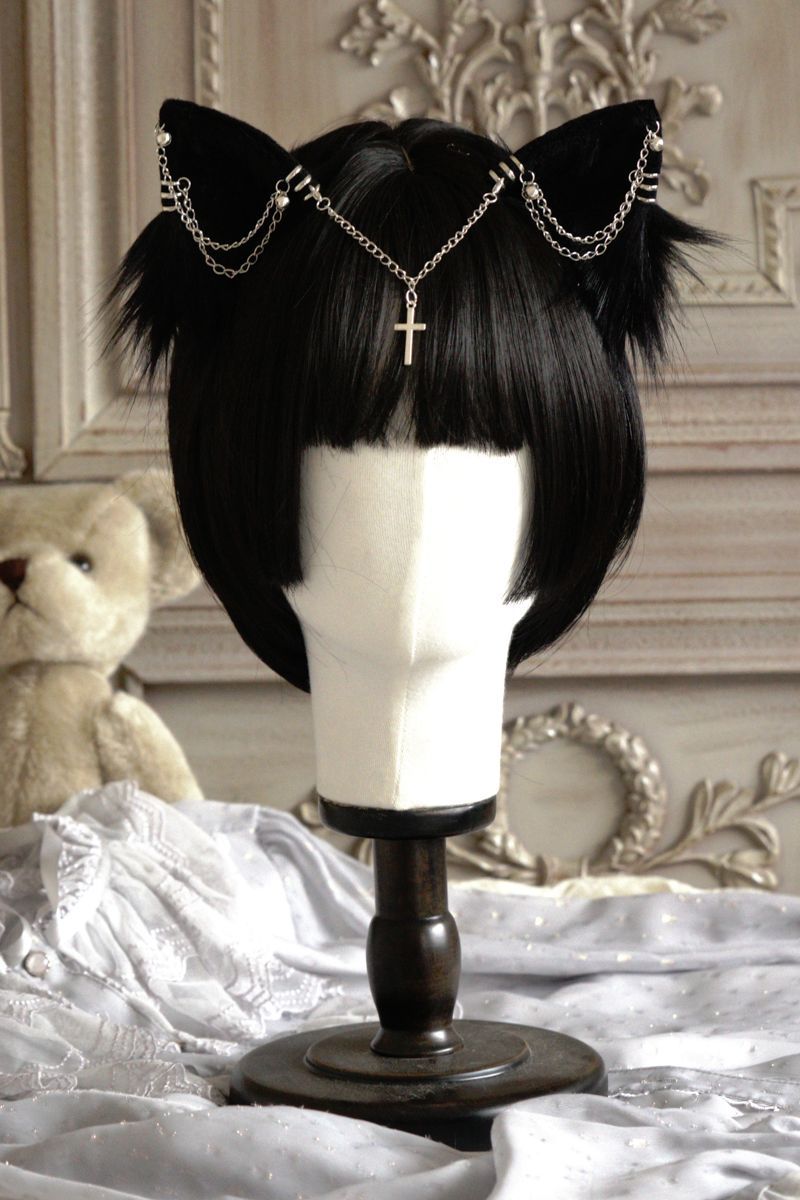 Original Handmade Lolita Chain Black Cat Ear Gothic Style Exotic Beast Ear Hair Clip Cosplay Comic Exhibition