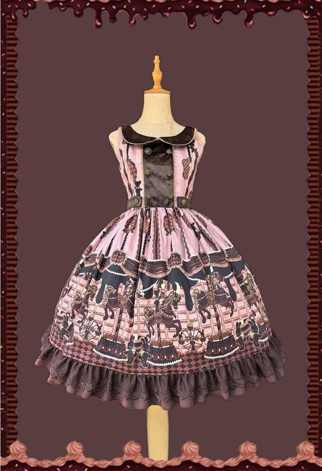 Infanta - Chocolate Carousel - Peter Pan Collar Old School Lolita JSK Dress, Carousel Print
