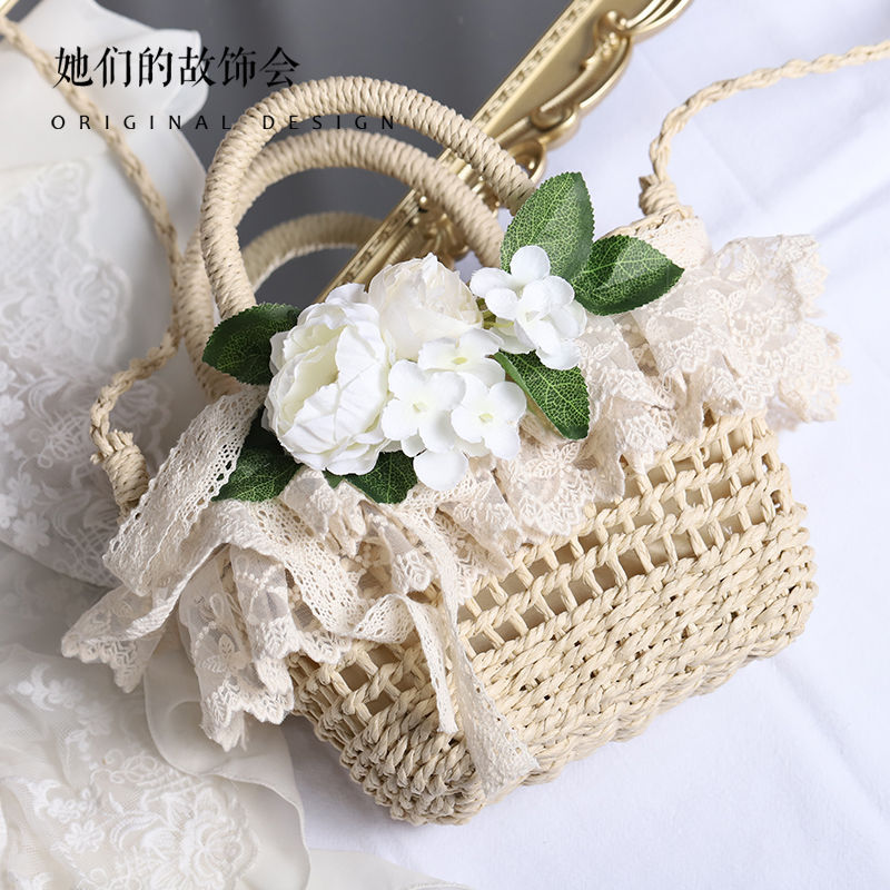 Handbag Paper Straw Woven Original Handmade Lace Flower Lolita Soft Girl Pastoral Style 2022 New Beach Bag - Lolita Fetch