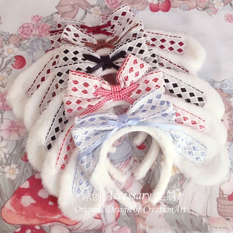 LolitaFetch sweet lop ear rabbit bow KC headband worn as a cute hair accessory for subculture girls with an OP dress style.