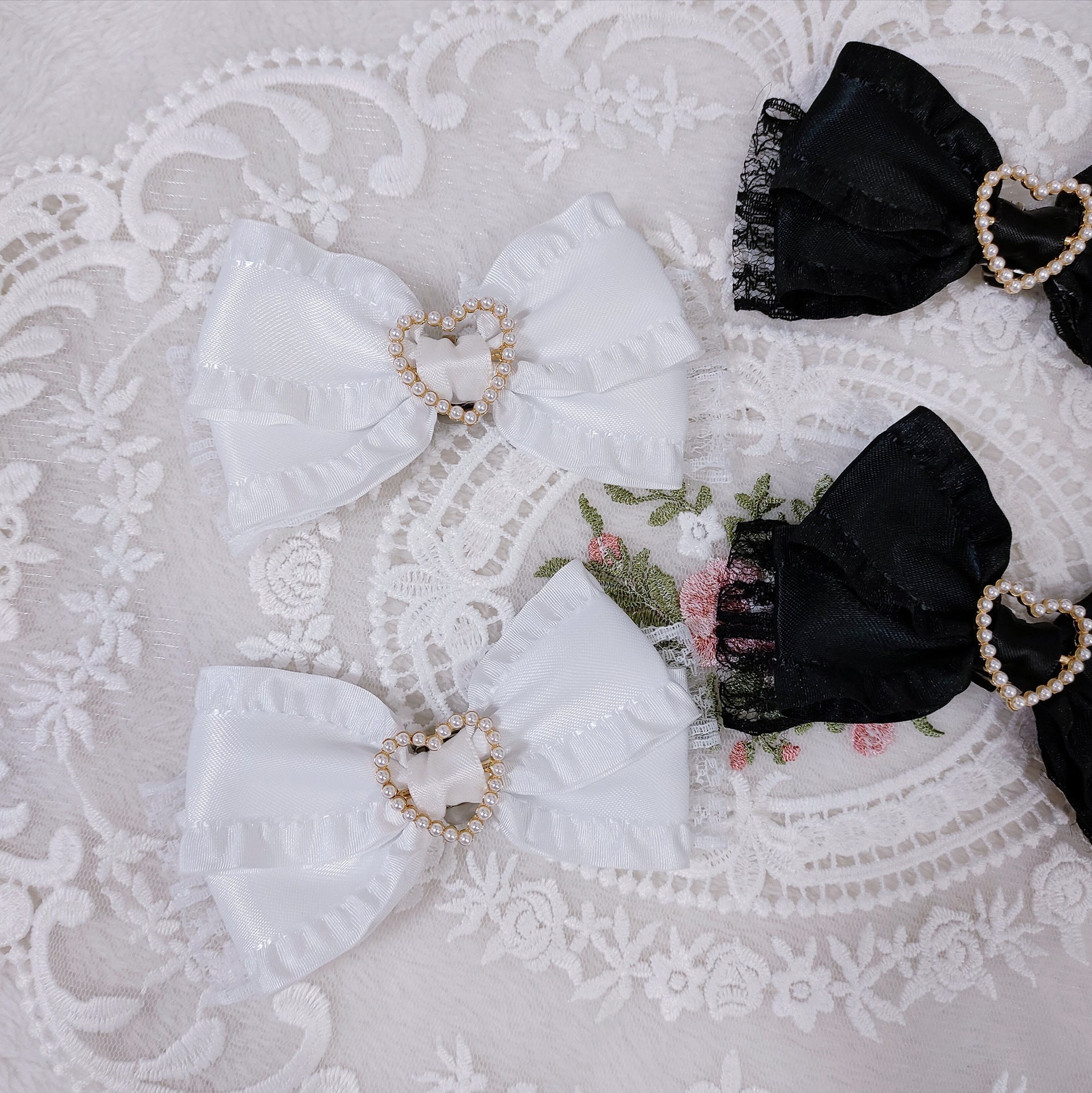 Original Handmade  Lolita Bow Shoe Clip - Sweet Cute Lace & Pearl Heart Versatile Basic Accessory