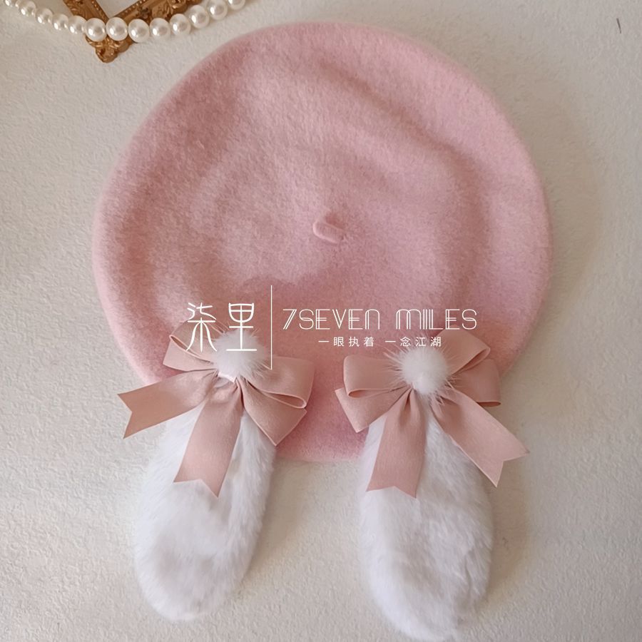 Long-Eared Rabbit  Beret Handmade Bow Lolita Girl Sweet Cute Woolen Hat for Women