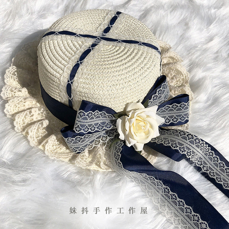 Lolita Multicolor Handmade Sweet Lace Long Ribbon Straw Hat Flat Top Sunshade Handmade Soft Girl