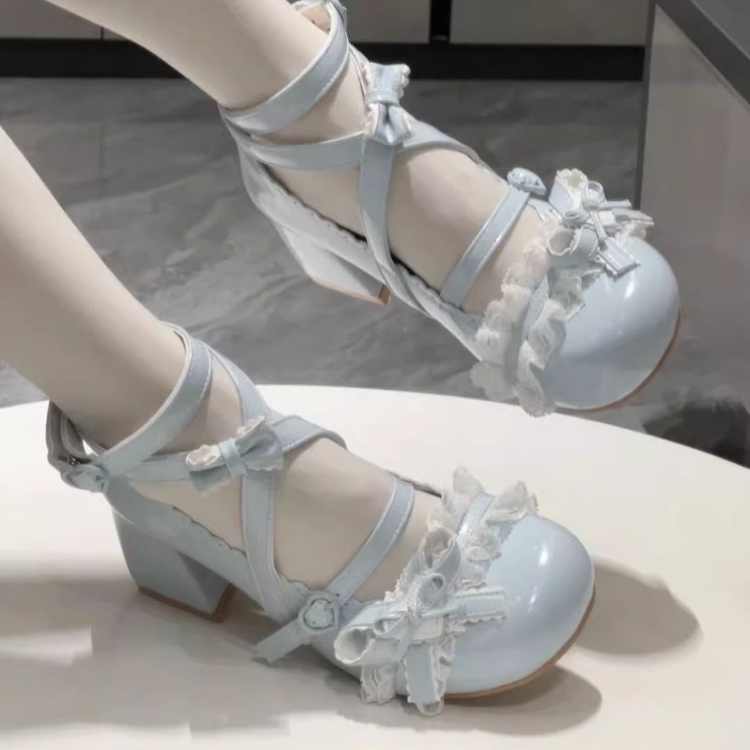 Wind Chime Whisper Lolita Shoes | Doll-Like Mid-Heel Lace Trim Sweet Mary Jane Leather Flats