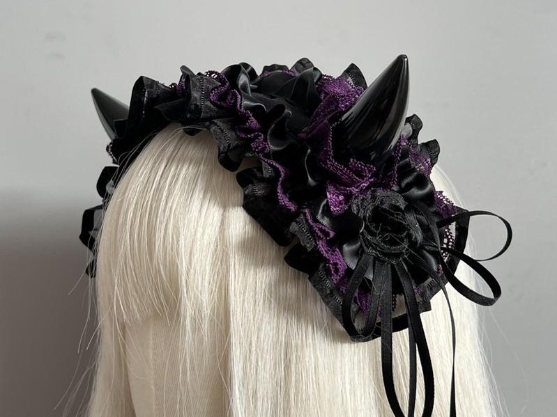 MAID - Devil Horn - Gothic Lolita Lace Hairband with Horns and Rose Accents - product detail 2