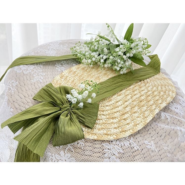 French Country Lolita Handmade Lily of the Valley Forest Style Bowknot Bnt Flat Hat Straw Hat Photo Shoot Catwalk Cla