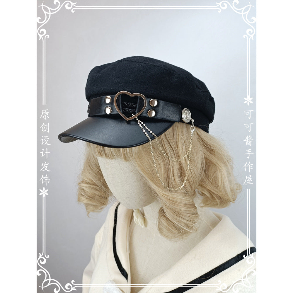 Original Woolen Military Lolita Beret Octagonal Hat Metal Hard Girl Joker Girl Punk Gothic Hat for Women