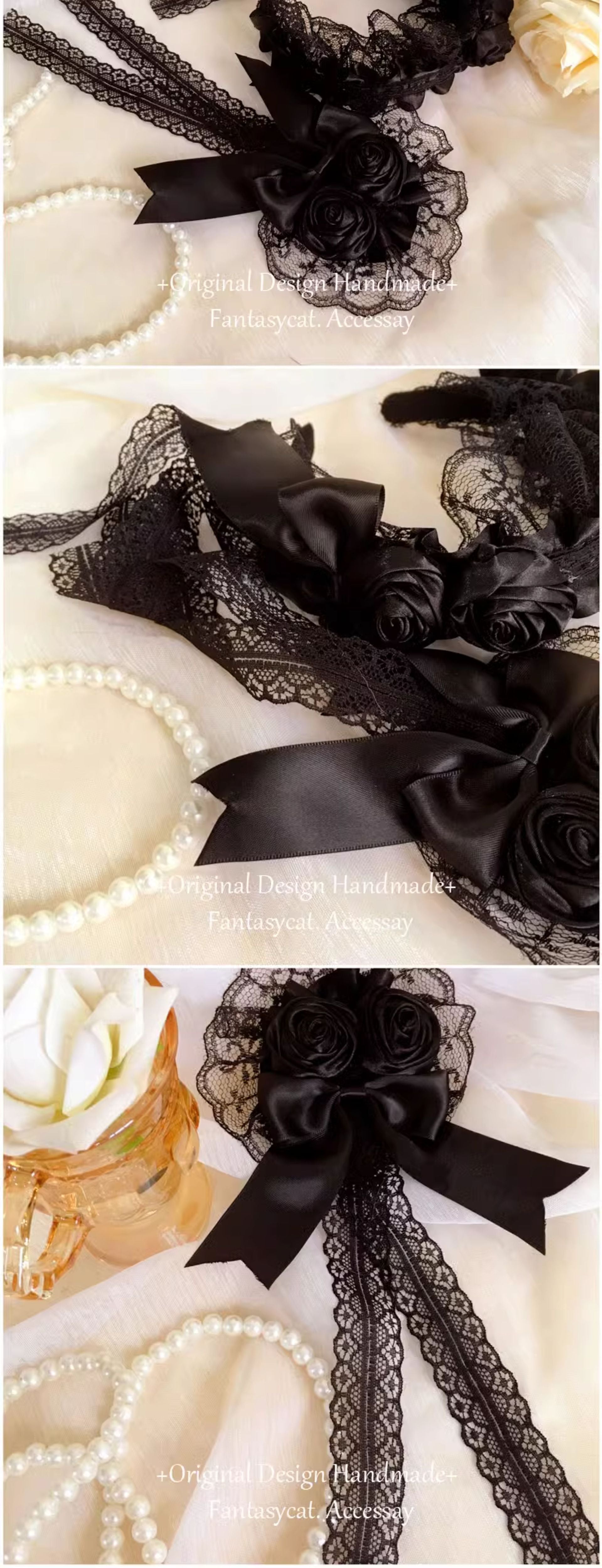 Lolita Vintage Girl Handmade Elegant Retro Black Flower Hair Clip Headband - Dark Hair Accessory
