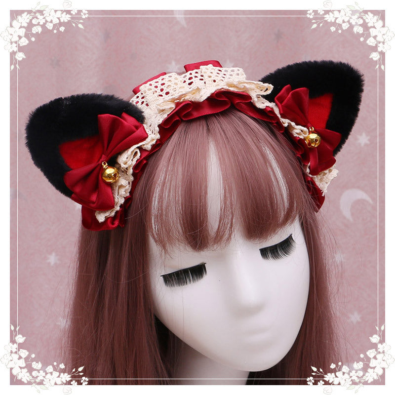 Adorable Japanese Lolita Hair Accessories Cat Girl Plush Lolita Headwear Lace Cat Ear Headband