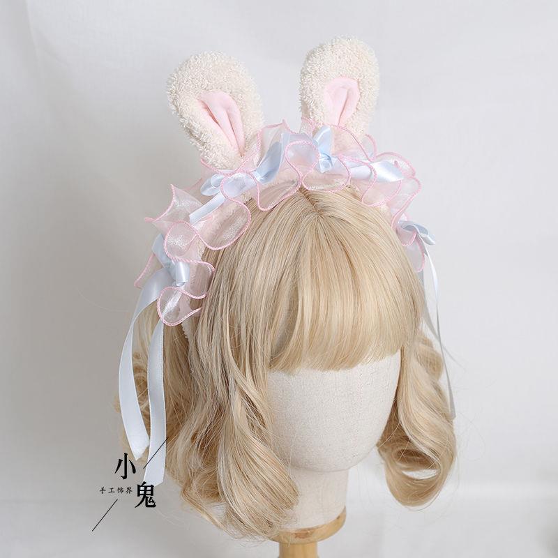 Lolita Handmade Ribbon Bunny KC Sweet Cute Bowknot Bunny Ear Headband Lolita Ruffled Hair Accessory Headwear