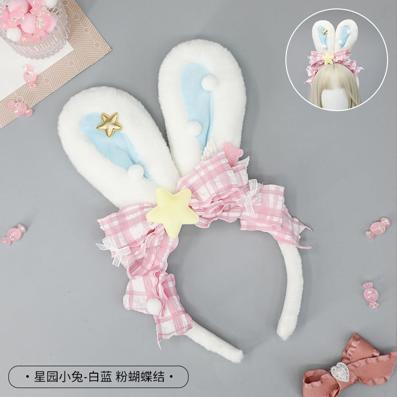 Japanese Style Cute Plush Bunny Hair Accessories Lolita Girl Comic Exhibition Headwear Ytk Bowknot Realistic Bunny Ear Hairband - Lolita Fetch