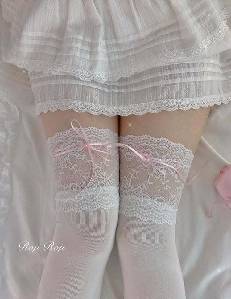 Roji Roji - Combed Cotton Lolita Lace Spliced - Socks with Colorful Bows Socks