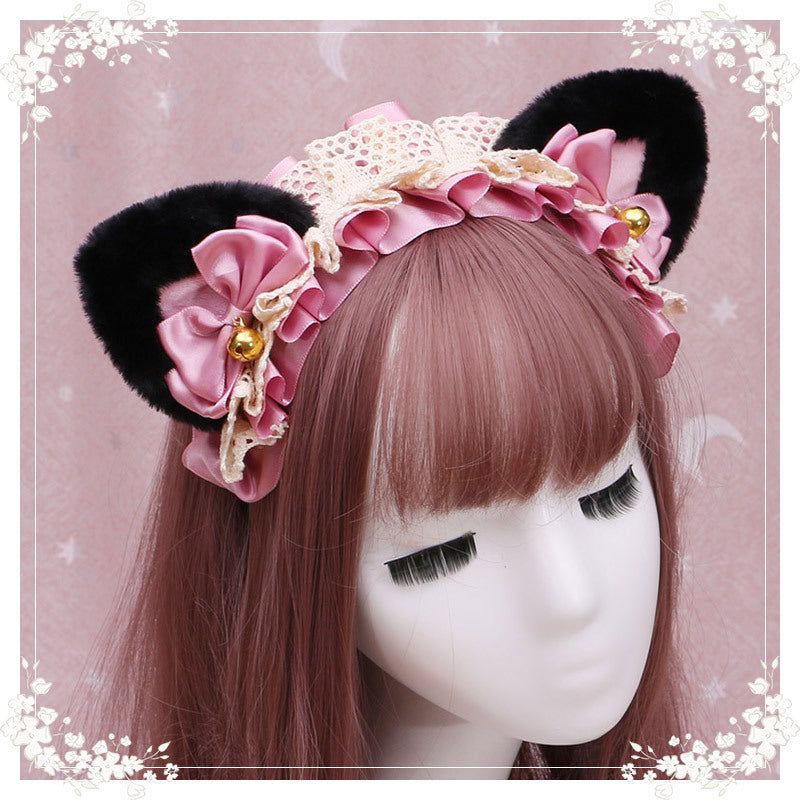Adorable Japanese Lolita Hair Accessories Cat Girl Plush Lolita Headwear Lace Cat Ear Headband
