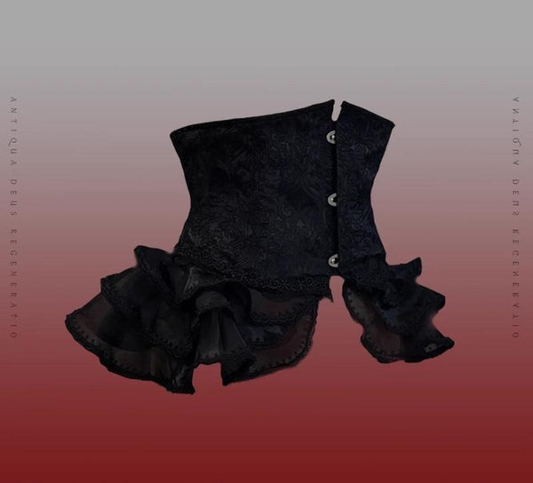 Black waist cincher and ruffled trailing piece in a dark red presentation image
