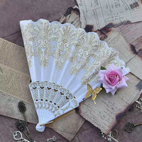 1st Anniversary - Rose Nocturne - Gothic Lace Folding Fan - White Gilded Butterfly Fan, Pink Rose, with Pendant