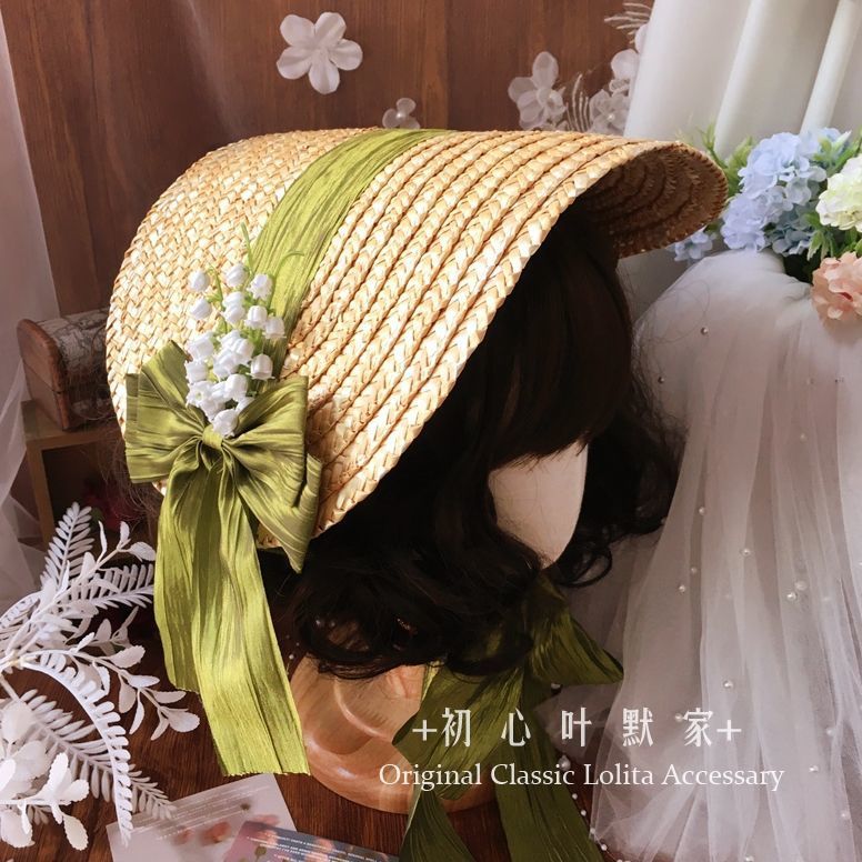 Elegant Lolita flat straw hat with lace and ribbon details, handmade in French style, perfect for tea parties and pastoral fashion.
