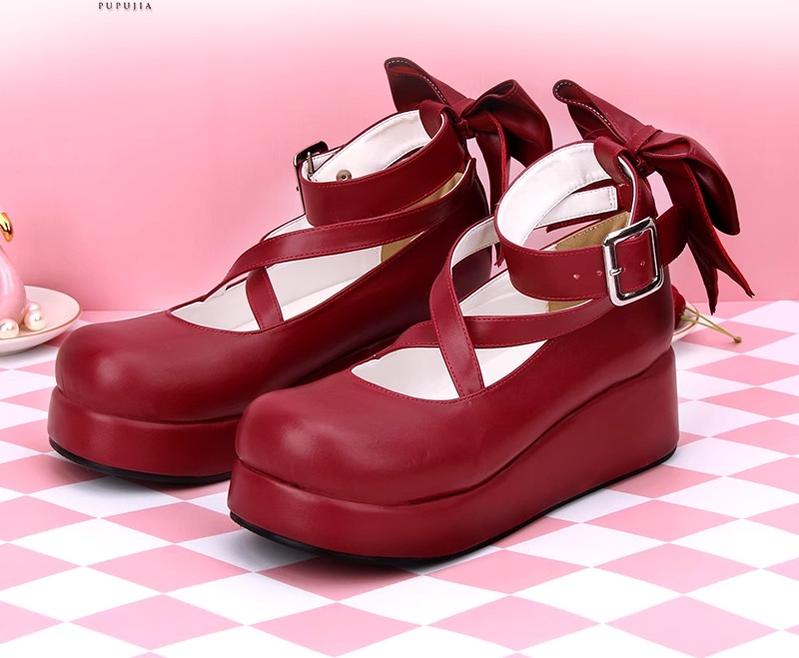 Angelic imprint - Daily Lolita Leather Shoes Platform - Medium Heel Big Bow Shoe Shoes