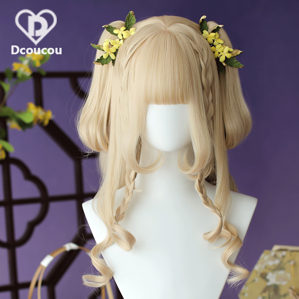 Dcoucou - Heartless Bunny - 45cm Long Curly Hair Tiger Clip Double Ponytails Lolita Wig