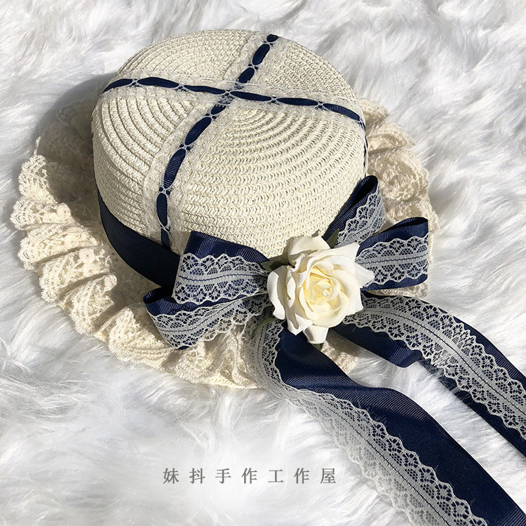 LolitaFetch multicolor handmade straw sun hat with lace and ribbon, featuring a flat top design perfect for sweet, soft girl fashion.