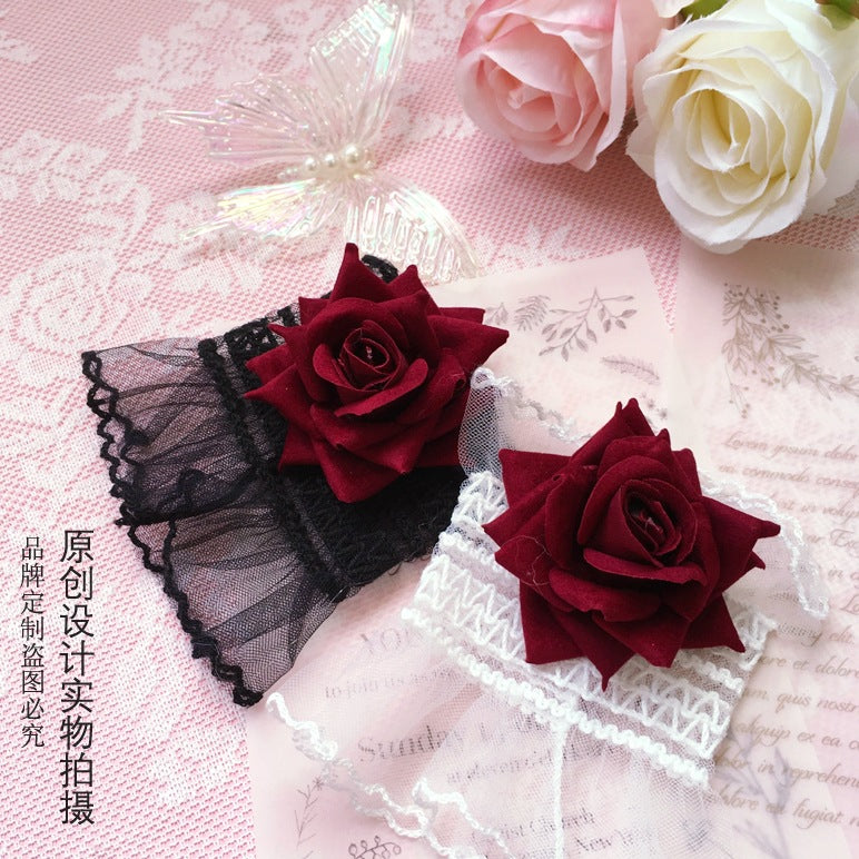 Dark Lolita Lace Wrist Cuffs for Women, Burgundy Rose Dress Cuffs with Wrist Flowers