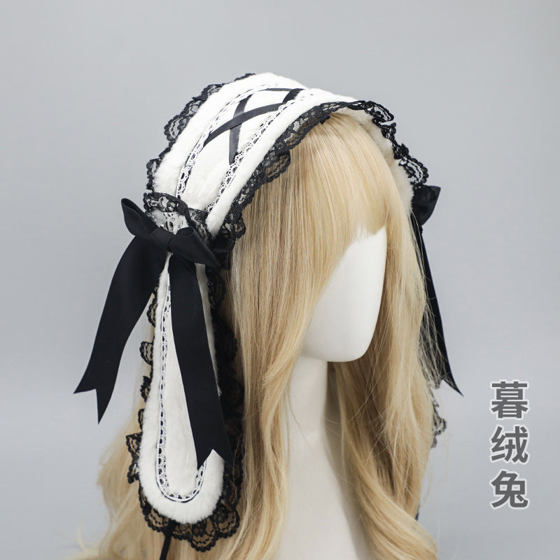 Lo Nymph Bowknot Lop-Eared Rabbit Hair Accessories Cute Sweet Plush Bunny Headwear Handmade Lolita Bunny Ears Hairband - Lolita Fetch
