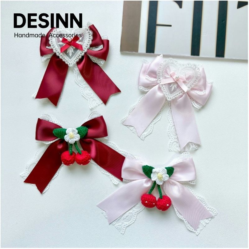 Handmade - Cherry Heart Bow - Lace Brooch