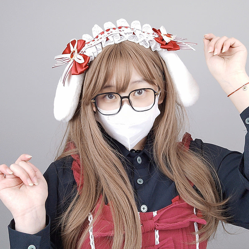 Handmade Plush Hair Accessories Bow Lace Ribbon Hair Ornament Cosplay Party Animal Ears Lolita Bunny Ear Headband