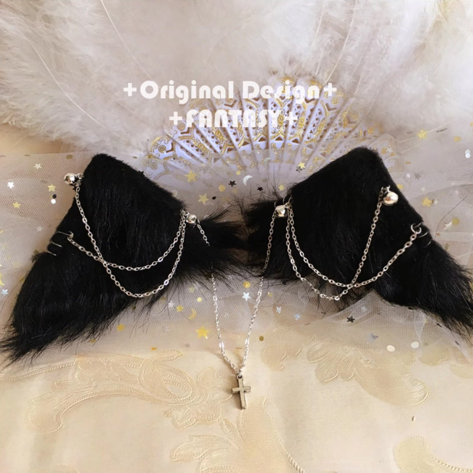 Original Handmade Lolita Chain Black Cat Ear Gothic Style Exotic Beast Ear Hair Clip Cosplay Comic Exhibition
