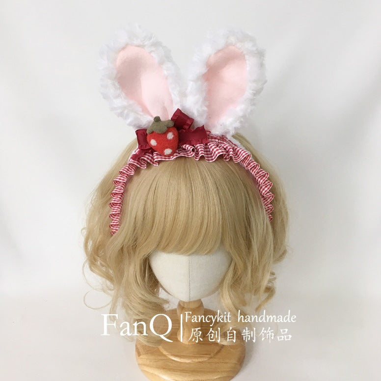Handmade Bowknot Rabbit Ear Strawberry Headband Korean Japanese Sweet Lolita