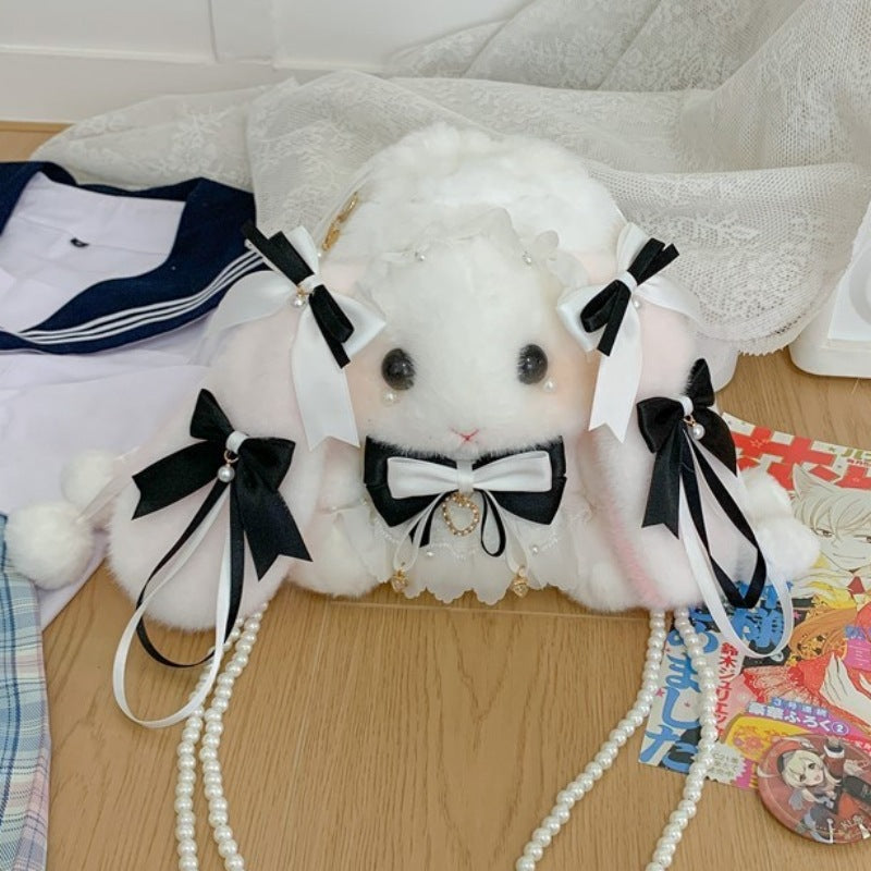 Lop-Eared Bunny Lolita Pearl Chain Doll Bag – 2025 Cute Bow Plush Shoulder Bag