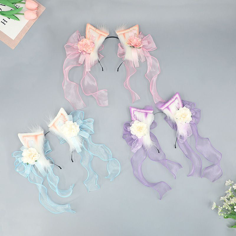 Gorgeous Handmade Lolita Elements Ancient Style Chinese Style Hanfu Hair Accessories Artificial Flower Plush Animal Ear Headband Bow Cat
