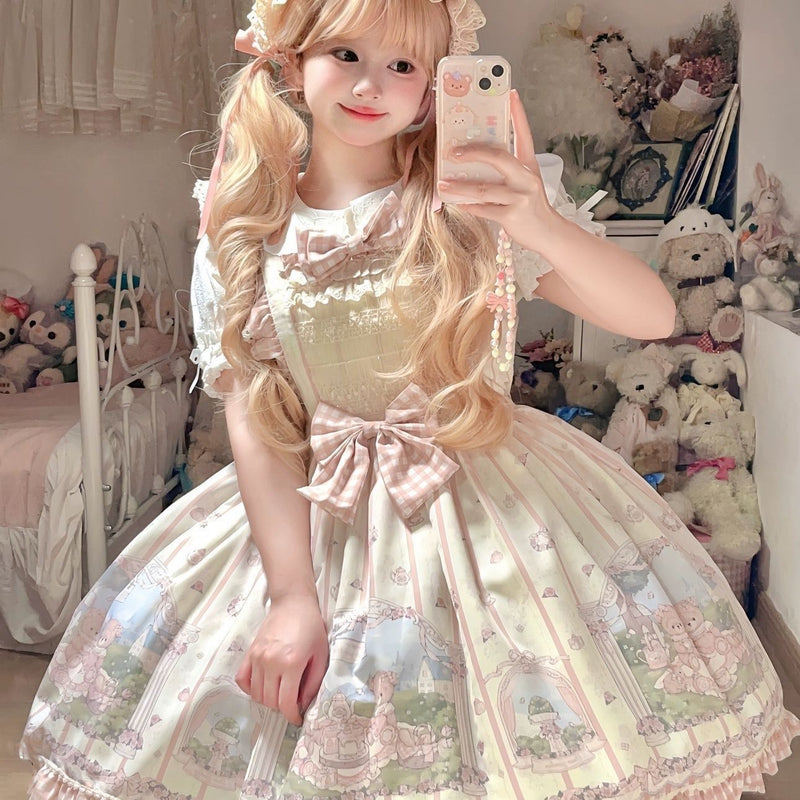 Teddy Picnic Bear Print Sweet Lolita JSK Dress - bear print and lace details