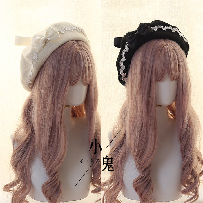 Beret Lolita Sweet Woolen Handmade Lace Bow Beret for Girls - Lolita Fetch