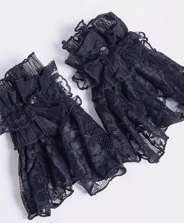Black Gothic Lolita lace cuffs with crown decorations