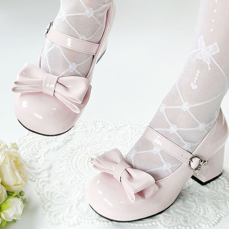 LolitaFetch Little Milk Puff Mid-Heel Lolita shoes with bow buckle, showcased with a matching headdress, featuring a cute and elegant design.