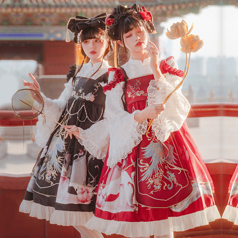 Morning Dew Hanfu - Inspired Lolita JSK | Gold - Woven Phoenix & Detachable Bead Chain - Lolita Fetch