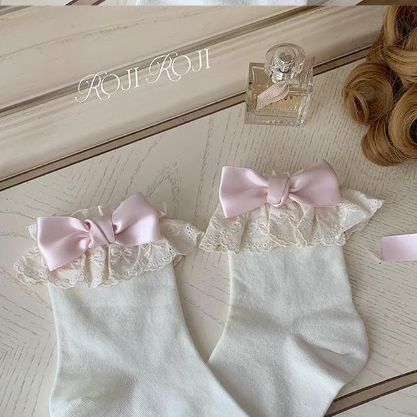 Roji Roji - Cotton Lolita Socks Lace Bow White - Socks Socks