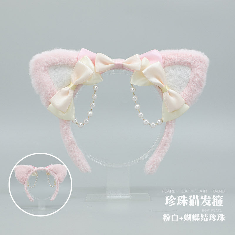 Handmade Lolita Pearl Cat Ear Headband - Bowknot Pearl Hair Accessory