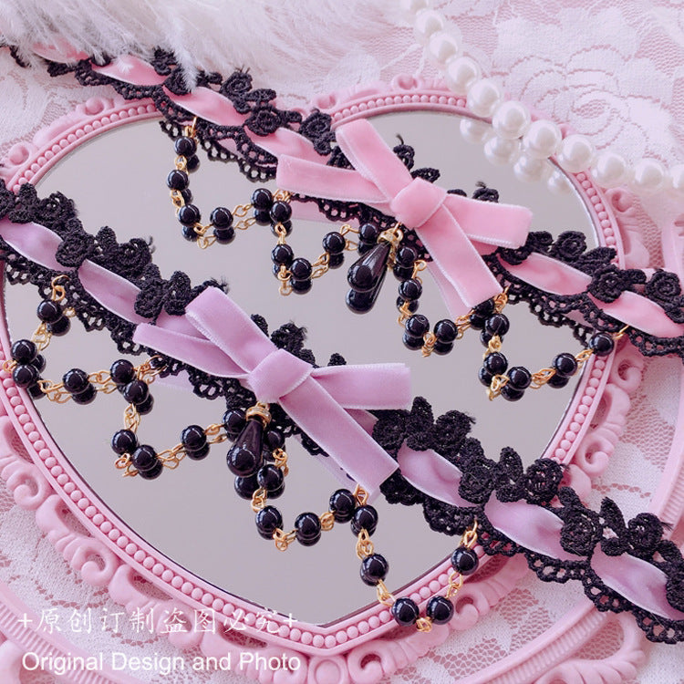 Multicolor Lolita choker necklace with heart pendant, handmade soft girl accessory, short girly necklace with vibrant colors.
