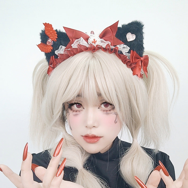 Subculture Dark Gothic Style KC Headwear Lolita Bow Hairband Anime Cat Ear Headband