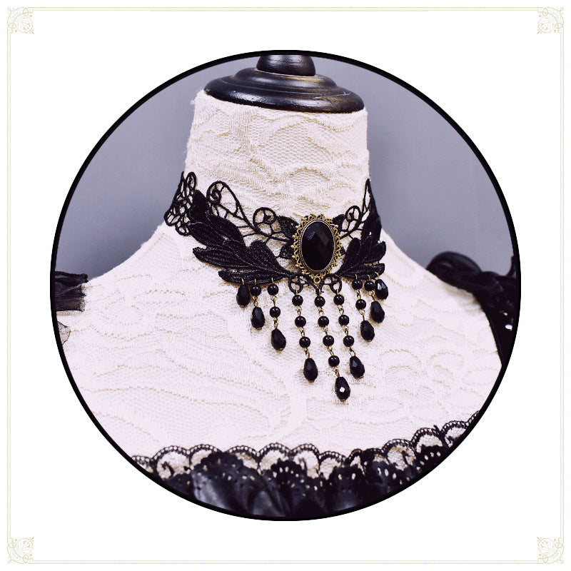 Gothic Dark Lolita Lace Necklace Y2K Harajuku Subculture Black Cross Choker - Lolita Fetch