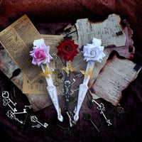 1st Anniversary - Rose Nocturne - Gothic Lace Folding Fan - White Gilded Butterfly Fan, White Rose, with Pendant
