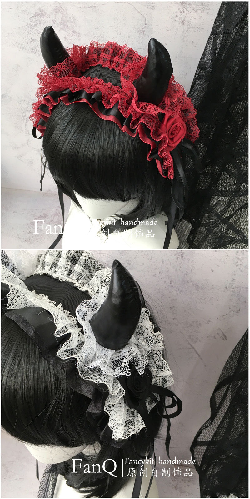 Subculture Custom Dark Lolita Demon Horn Gothic Headband Y2K Red and Black Lace Hairband - Lolita Fetch
