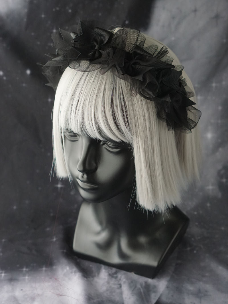 Handmade dark punk lace organza headband in black with gothic Lolita style, featuring intricate lace details and gothic-inspired design.