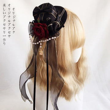 Handmade Gothic Lolita Pill Crown Hat - Cyan & Burgundy Flower Decor Versatile Small Headwear