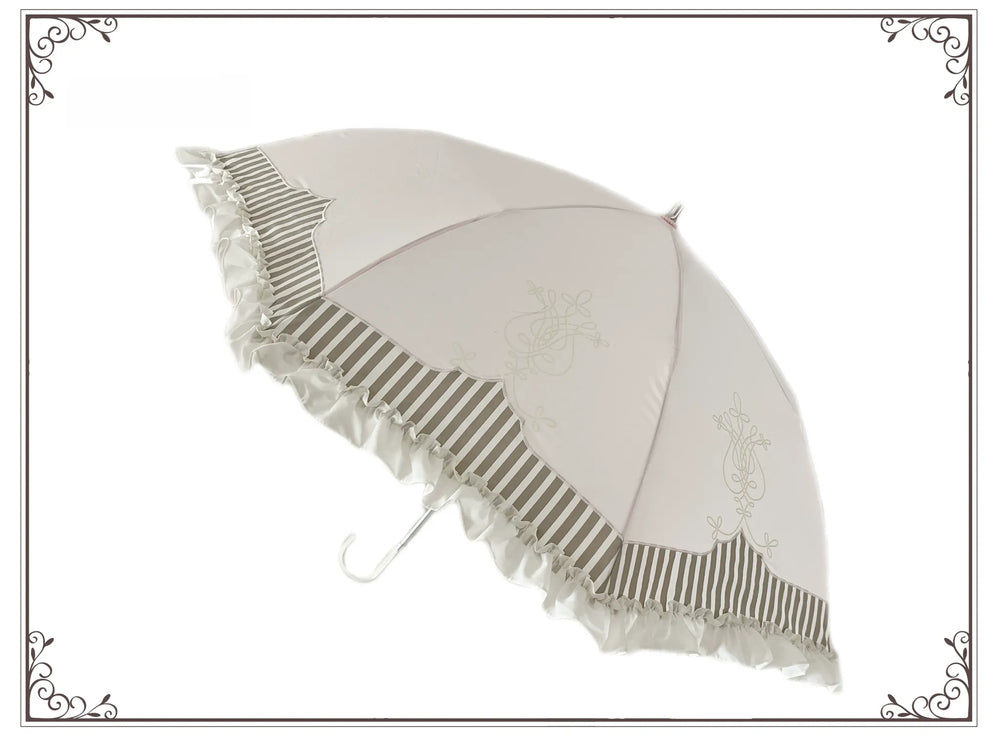 Ivory Classic Lolita parasol with lyre print, striped panels, and ruffled edge