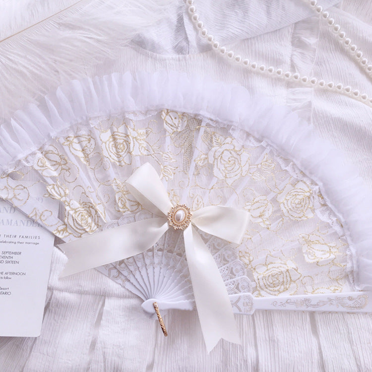 Gothic Style Lolita Lace Dress - Black Gold & White Gold Cross Rose Design with Folding Fan Photo Prop